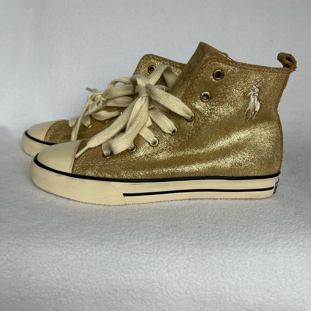 POLO RALPH LAUREN Kid's Gold Metallic High-Top Leather Sneakers, Size 2